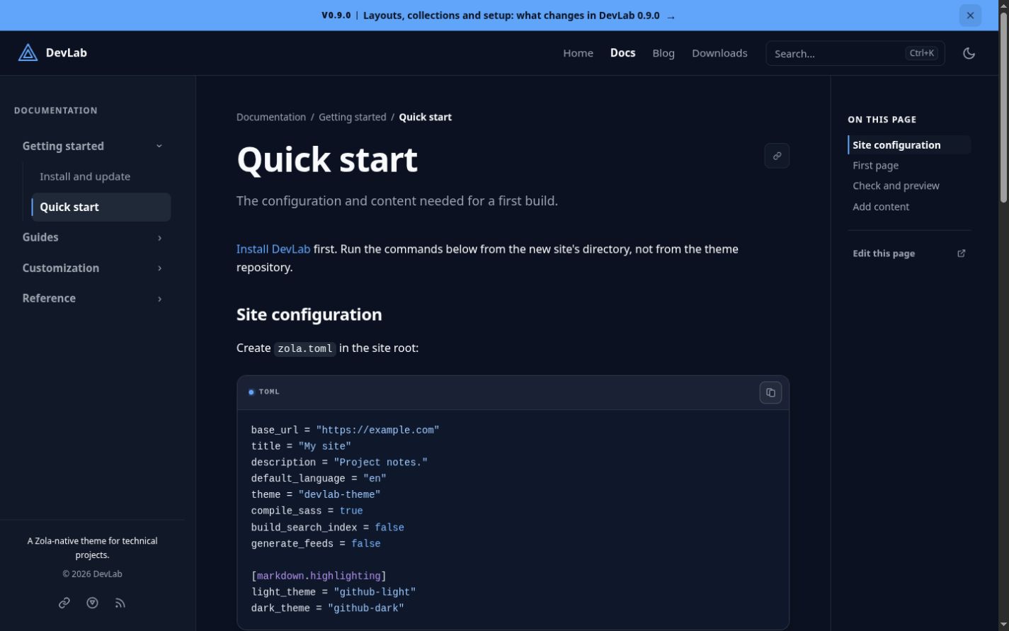 Documentation with a section sidebar, article column and heading navigation.