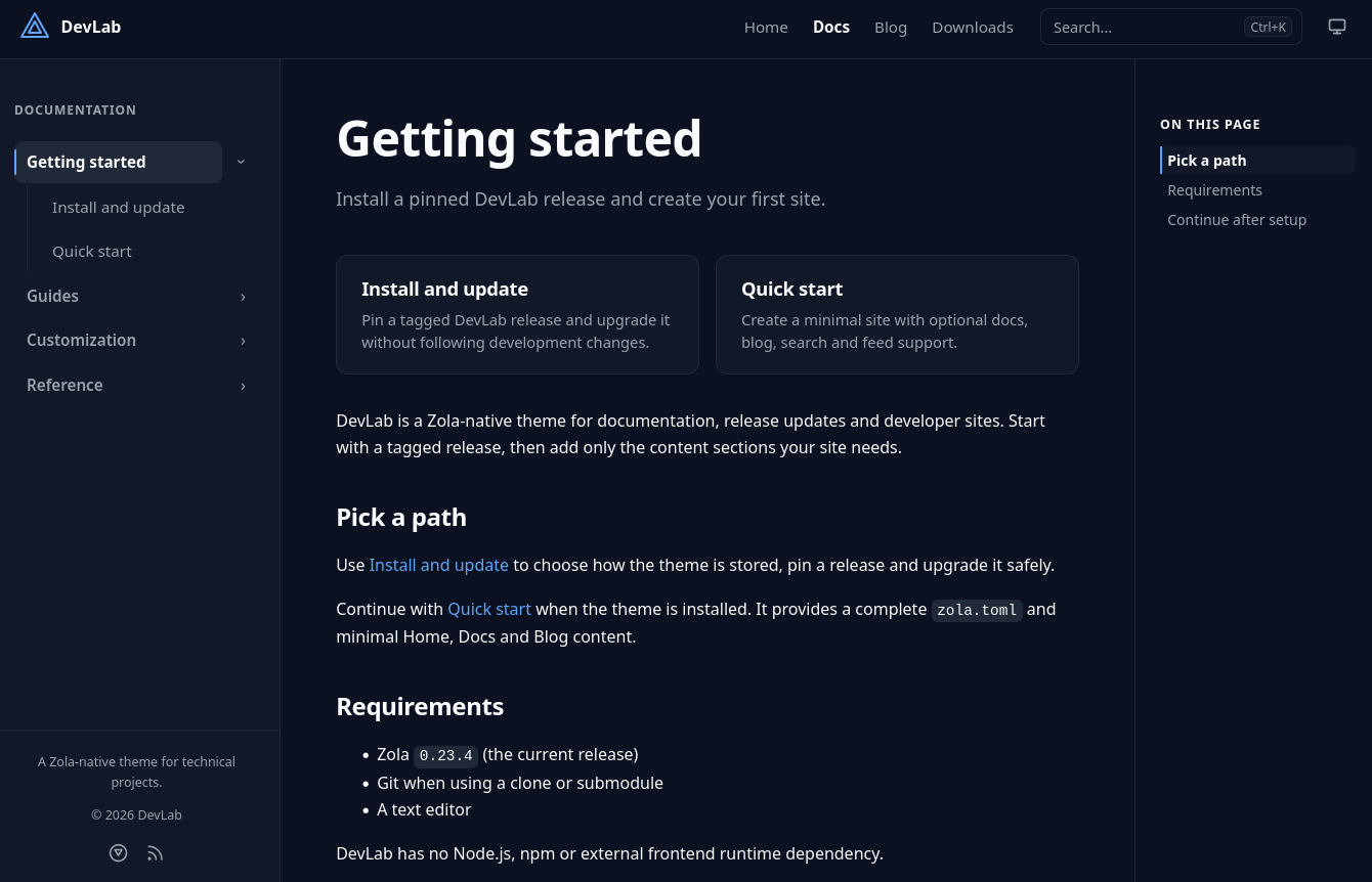 DevLab documentation layout with sidebar navigation, readable content and an on-page table of contents.